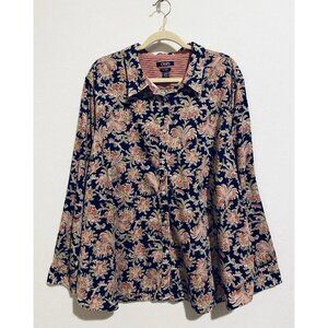 Chaps Top Womens 3X Navy Blue Paisley No Iron Contast Cuff Cotton Feminine